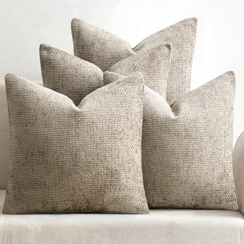 MIULEE Pack of 4 Couch Throw Pillow Covers 18x18 Inch Khaki Soft Decorative Chenille Pillow Covers Farmhouse Accent Cushion Covers for Boho Home Decor Sofa Bedroom Living Room - color: Khaki, size: 18" x 18" (Pack of 4)