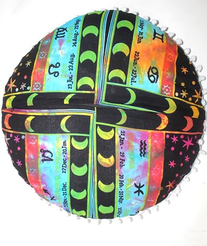 Round Mandala Floor Pillow Cover Seating Cushion Throw Cover Hippie Decorative Bohemian Ottoman Pouf Cover, Pom Pom Pillow Cases,Boho Indian 32 Inches Multi Zodiac - color: Multicolor, size: 32" Round
