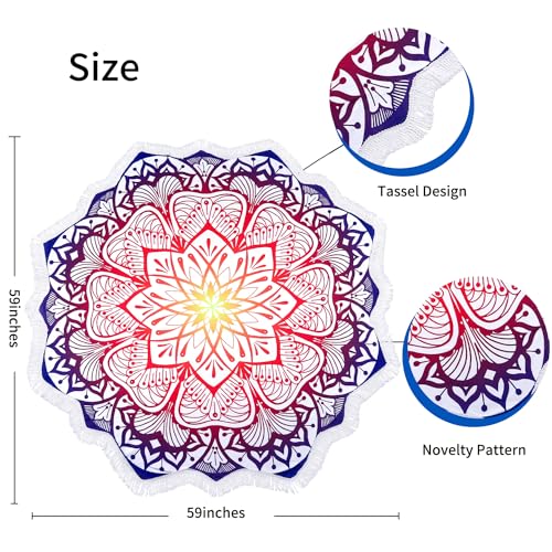 Benefeet Sox Large Mandala Beach Towel Round Microfiber Circle Beach Towels Bohemian Roundie Beach Blanket Quick Dry Beach Throw Blanket Sand Free Pool Towels, 59 Inches Purple Orange - color: Mandala, Purple Orange