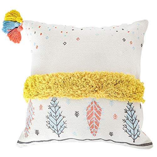 LEVINIS Yellow Tufted Decorative Throw Pillow Cover for Couch Sofa Woven Boho Tribal Pillow Cases with Tassel Square Cushion Cover, 18 x 18 Inch - color: Yellow Tufting, size: 18" x 18" (Pack of 1)