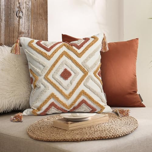 Boho Pillow Covers 18X18 Inch Boho Tufted Throw Pillow Covers Decorative Tassels Cushion Cover Farmhouse Pillow Case for Couch Sofa Bed Living Room Bedroom, Rust - color: Boho Multi-rust, size: 18" x 18" (Pack of 1)