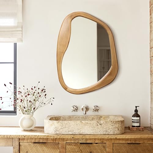 LuxenHome Irregular Oblong Wall Mirror,Accent with Natural Wood Frame,Rustic Bathroom Mirror,Vanity Makeup Mirror, Wall Mounted Mirror for Living Room,Entryway,Bedroom,Decorative Mirror - color: Irregular Oblong