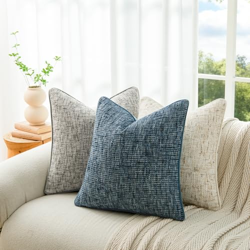 a moment Blue Reversible Pillow Covers 2 Pack - Farmhouse Chenille Throw Pillows, Neutral Textured Decorative Throw Pillow Covers with Border for Couch Sofa Bed (12x20 Inch, No Insert) - color: Blue, size: 20" x 12" (Pack of 2)