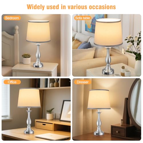 Bedside Table Lamp Touch Control Bedroom Lamps with USB A + C Charging Port 3 Way Dimmable Touch Lamps for Nightstand Living Room Bedroom Dorm Home Office Reading, Set of 2 (Grey Shade & Nickel Base) - color: Grey Shade & Nickel Base