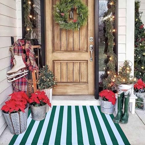 Green and White Striped Outdoor Rug St. Patrick's Day Rug 27.5'' x 43'' Spring Doormat Layered Welcome Mat for Farmhouse Easter Spring Front Porch Entryway Decor - color: Green and White, size: 2'4" x 3'7" (Rectangular)