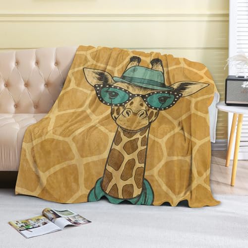 Hipster Giraffe Fleece Blanket,40x50in,Funny Animal Illustration Glasses and Hat Throw Blankets,Soft Cozy Lightweight, Ideal for Whimsical Bed Living Room Home Decor,Gifts - color: Giraffe, size: 40x50 Inch