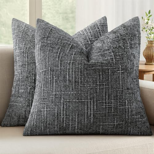 MIULEE Textured Throw Pillow Covers Thick Chenille Decorative Pillows Dark Grey 20x20 Inch Set of 2 Modern Boho Farmhouse Home Decor Neutral Cushion Covers for Couch Sofa Living Room Bedroom - color: Dark Grey, size: 20" x 20" (Pack of 2)