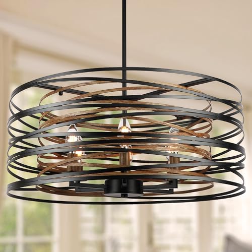 ACNKTZ 23.6'' Rustic Large Drum Chandeliers for Dining Room, 6-Light Modern Farmhouse Lighting for Kitchen Island, Retro Round Entryway Light Fixture, Black with Retro Wood Texture Interior - color: Black with Retro Wood Texture Interior, size: 23.6"/6-Li