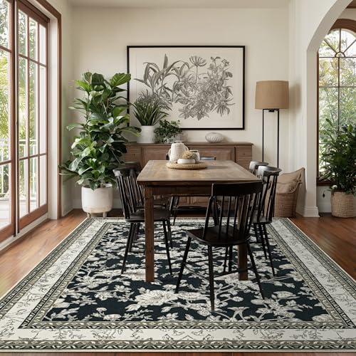 Black Floral Rug 5x7 Machine Washable Area Rug for Living Room Vintage Boho Farmhouse Low Pile Distressed Carpet for Dining Room, Bedroom Indoor Non-Slip Black Beige Taupe Flower Design Home Decor - color: Sketch Floral Black, size: 5' x 7' (Rectangular)