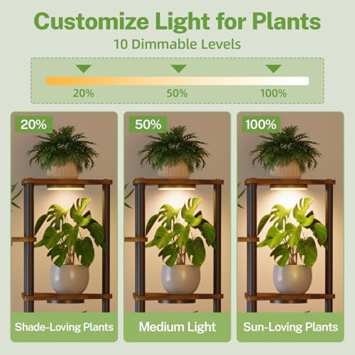 iDavosic.ly Tall Plant Stand with Grow Lights for Large & Heavy Duty Planters, 6 Tier Indoor Corner Flower Shelf with Wooden Trays & Metal Frame, Orchid Rack for Living Room Balcony, Black & Brown - size: 6 Tier with Light