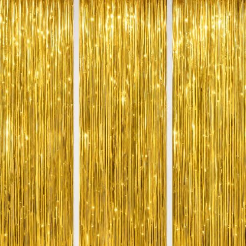 DECOCKRAT 3 Pack Foil Fringe Backdrop - Gold Shiny Tinsel Curtains for Party Decoration/Photo Booth Props - 3.3x8.2 FT Metallic Foil Backdrop for Birthday, Wedding, Graduation, Christmas. - color: Gold