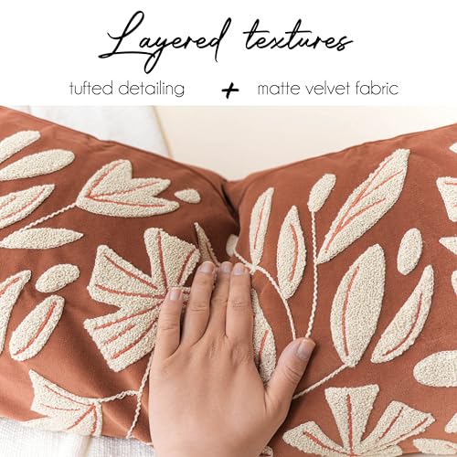 BlissBlush Lumbar Pillow Cover 12x20 Inch, Rust Terracotta Floral Tufted Velvet Decorative Accent Pillow Case for Sofa Bed Living Room, Cover Only - color: Orange Terracotta, size: 20" x 12" (Pack of 1)