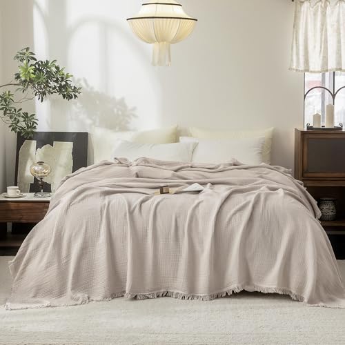 FOSSA Muslin Blanket with Fringe - 4-Layer 100% Cotton Gauze Super Soft & Breathable Throw -Lightweight Decorative Cooling Blanket for Bed, Sofa, Office (Beige Gray, King (104" × 90")) - color: Beige Gray, size: King (104" × 90")