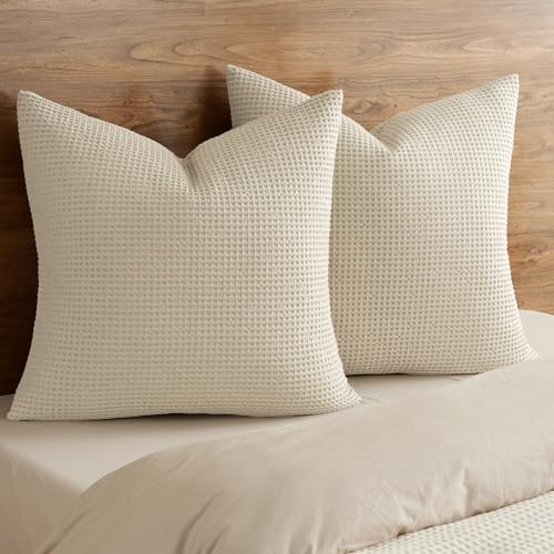PHF 100% Cotton Waffle Weave Throw Pillow Cover, 22" x 22", No Filling, 2 Pack Elegant Home Decorative Square Throw Pillow Covers for Bed Couch Sofa,Linen - color: Linen, size: 22" x 22" (Pack of 2)