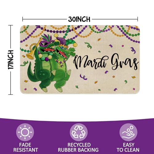 Mardi Gras Door Mat,Green Alligator New Orleans Carnival Masquerade Mask Beads Indoor Outdoor Non-Slip Doormat,Entryway Front Porch Welcome Mat for Entrance Decor 30" x 17" - color: Mardi Gras Doormat 3