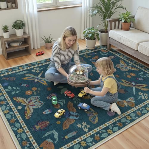 Beeiva Insect Print 5x7 Rug for Bedroom - Soft Washable Non Slip Butterfly Playroom Rugs for Living Room, Stain Resistant Throw Carpet for Office Nursery Dining Room Aesthetic Decor(5'x7',Dark Green) - color: Dark Green, size: 5' x 7' (Rectangular)
