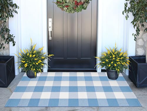 Front Porch Rug 24''x51''Light Blue and White Outdoor Rug Cotton Woven Washable Door Mat Outdoor for Layered Hello Welcome Door Mat Kitchen Farmhouse Entryway - color: Light Blue, size: 24''x 51''