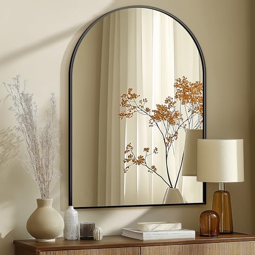 Arched Bathroom Mirror for Wall, 40" x 28" Black Metal Frame Vanity Mirror, HD Glass Over Sink for Bathroom, Entryway, Bedroom - color: Matte Black, size: 40"L x 28"W