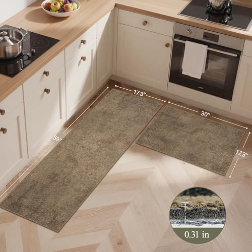 GENIMO Kitchen Mats for Floor 2PCS, Washable Absorbent Runner Rugs for Kitchen, 17.3"x59"+17.3"x30", Cushioned Non Slip Kitchen Rugs for Kitchen Floor,Standing Mat Rug for Home, Sink, Laundry, Jute - color: Jute, size: 17.3"x59"+17.3"x30"