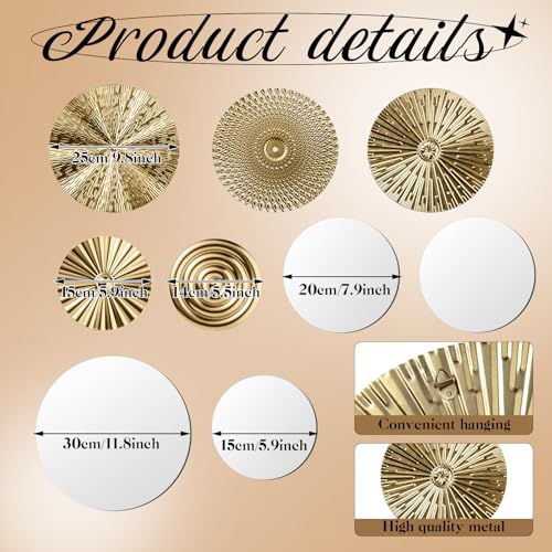 Blulu 9 Pcs Gold Mirror Wall Decor Metal Round Home Art Decor Decorative Modern Circle Mirror Wall Art Sculpture Hanging Decorations for Home Living Room Office - color: Gold