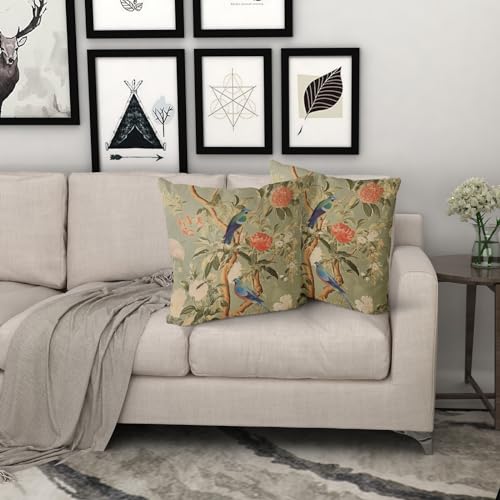 Chinoiserie Pillow Cover 20x20 Inch Brown Vintage Bird Flower Throw Pillow Covers Farmhouse Floral Decorative Pillowcase Outdoor Cotton Square Cushion Cover for Couch Sofa Bedroom Decor (Pack of 2) - color: Brown, size: 20" x 20" (Pack of 2)