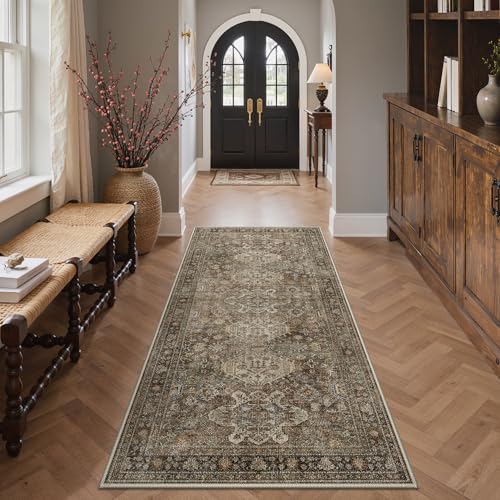 Bavni Washable Runner Rug 3x6, Non Slip Hallway Rug, Vintage Aesthetic Thin Low Pile Washable Carpet for Kitchen Bedroom Entryway, Brown - color: Brown, size: 3' x 6' (Rectangular)