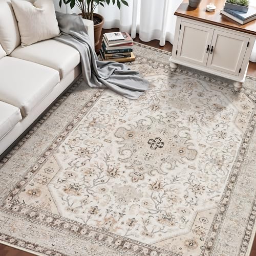 5x8 Area Rug Bedroom Washable: Oriental Rugs for Living Room - Ultra Thin Low Pile Stain Resistant Carpet - Home Decor for Vintage Style Lover 5x8 Ivory - color: Ivory, size: 5' x 8' (Rectangular)