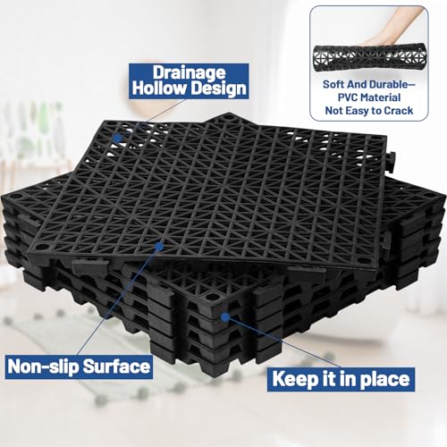12Pcs Drainage Interlocking Floor Tiles 11.8" x 11.8", Modular Interlocking Cushion Soft PVC Floor Non-Slip Splicing Waterproof Mat for Drain, Pool, Shower, Patio, Balcony, Bathroom, Kitchen, Yard - size: Black-12x12inch