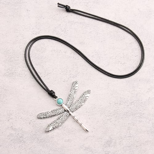 Leather Necklace for Women Long Boho Pendant Hippie Choker Necklace Bohemian Layered Leather Rope Wooden Jewelry Gifts - style: Dragonfly Necklace Silver