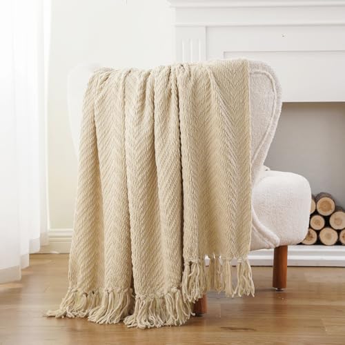 BATTILO HOME Beige Throw Blankets for Couch, Knitted Tan Throw Blanket for Twin Bed, Super Soft Warm Large Throws for Home Decor, 60" x 80" - color: Beige, size: 60"x80"