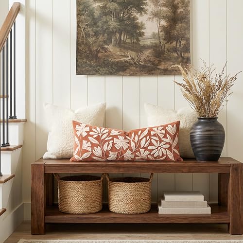 BlissBlush Long Lumbar Pillow Cover 14x36 for Bed, Rust Terracotta Floral Tufted Velvet Accent Oversize Throw Pillowcase for Bedroom, Cover Only - color: Orange Terracotta, size: 36" x 14" (Pack of 1)