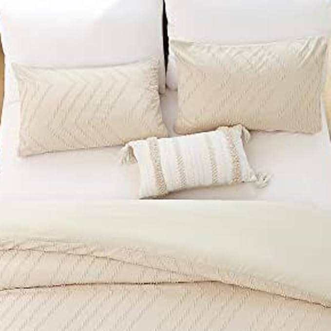 Nanko Pillow Case/Pillow Shams Queen Set of 2, Beige Cream Tan Tufted Jacquard Boho Soft Shabby Chic Microfiber Pillow Covers, for Home Hotel Bed, Farmhouse Modern for Men and Women, 20 x 30 inch