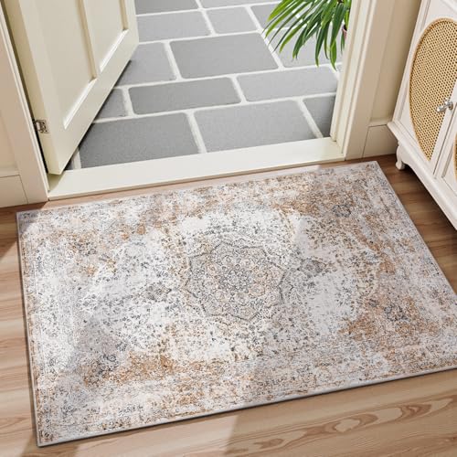 jinchan Area Rug 2x3 Washable Door Mat Vintage Distressed Rug Doormat Indoor Entrance Thin Traditional Floral Lightweight Non Slip Carpet for Kitchen Bedroom Living Room Taupe - color: Vintage Taupe, size: 2' x 3' (Rectangular)