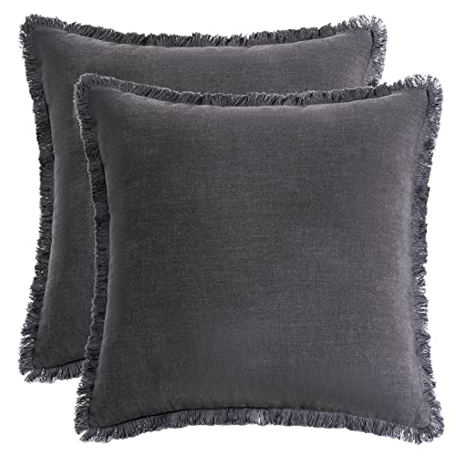 AmHoo Pack of 2 Linen Pillow Covers with Tassels Fringed Decorative Rustic Natural Throw Pillowcase Cushion for Couch Sofa Bedroom 18 x 18-Inch Dark Grey - color: Dark Grey, size: 18" x 18" (Pack of 2)