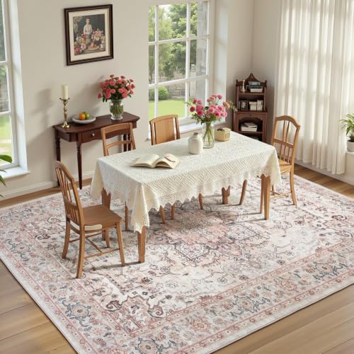 8x10 Dusty Pink Large Area Rugs for Living Room - Boho Light Pink Medallion Aesthetic Distressed Washable Rug, Soft Non-Slip Backing Low Pile Carpet for Playroom, Bedroom, Nursery - color: Dusty Pink, size: 8' x 10' (Rectangular)