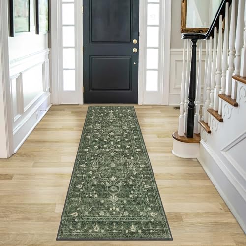 U'Artlines 2' x 6' Boho Hallway Runner Rug Vintage Farmhouse Non Slip Soft Washable Accent Runner Carpet for Kitchen, Entryway, Laundry, Living Room(Dark Green) - color: Dark Green, size: 2' x 6' (Runner)