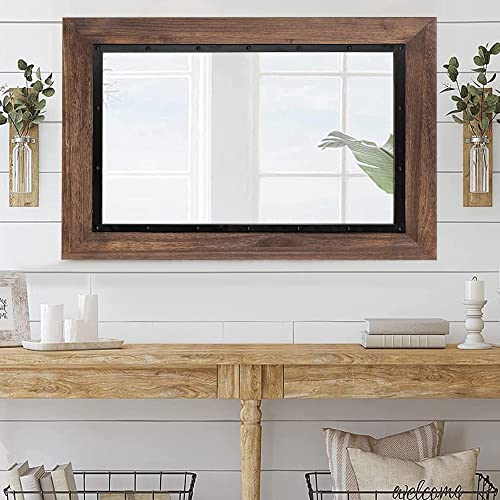 YOSHOOT Rustic Wooden Framed Wall Mirror, 48"x30", Natural Wood and Iron Bathroom Vanity Mirror for Farmhouse Decor, Vertical or Horizontal Hanging - color: Brown, size: 48"L x 30"W