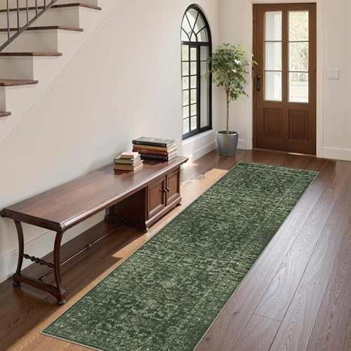 2x7 Green Runner Rug Hallway Washable Area Rugs Kitchen Vintage Boho Non Slip Long Rug Floral Carpet Indoor Retro Soft Low Pile Throw Rug for Bedroom Bathroom Laundry Dining Living Room Office - color: Dark Green, size: 2' x 7' (Runner)