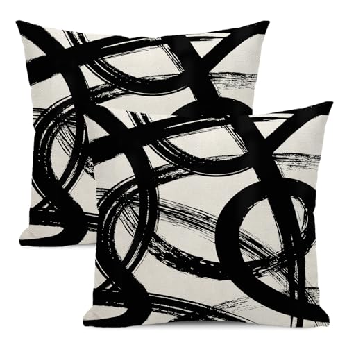 Boho Pillow Covers 18x18 Set of 2 Aesthetic Black Art Line Throw Pillow Cover Decoration Modern Abstract Pillowcase Farmhouse Decorative Linen Cushion Cover for Home Sofa Outdoor Decor - color: Abstract Line-d, size: 18" x 18" (Pack of 2)