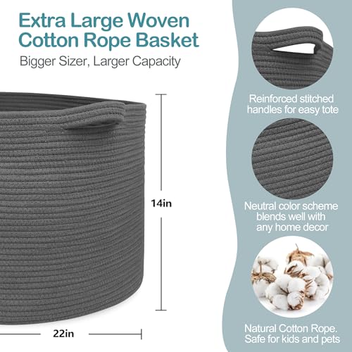 MEGASKET Large Dark Grey Storage Basket, Woven Cotton Rope Baskets for Storage, Big Blanket Organizer Storage Basket for Living Room, Kids Room Toy Storage Organizer Box, Blanket Keeper (22"x14") - color: Dark Gray, size: 22"x22"x14"