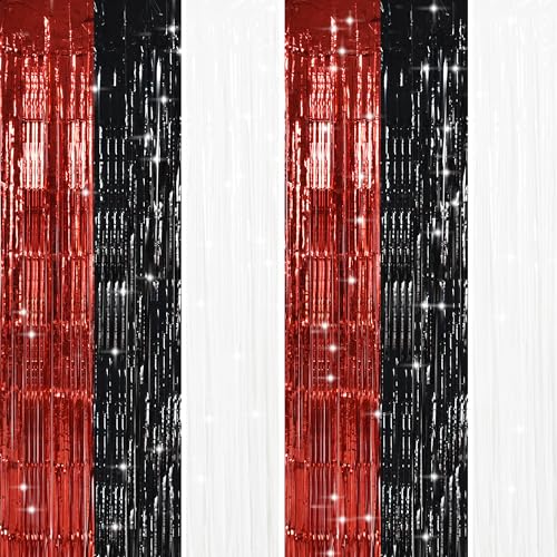 TONIFUL Black Red White Door Streamers,Black Red and White Photo Booth Backdrop Metallic Streamers Foil Fringe Curtain for Birthday,New Year,Graduation,Grad,Baby Shower Party Streamers Decoration - color: Black Red White