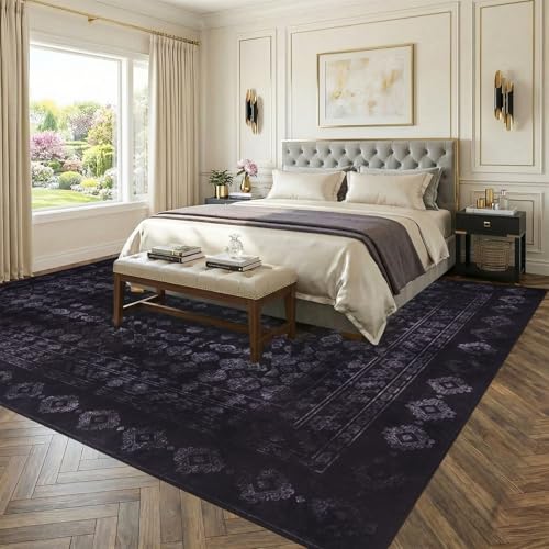 Washable Area Rug 8x10, Large Boho Living Room Rug, Thin Vintage Rugs for Bedroom,Non-Slip Rubber Backing Retro Floral Carpet Print Distressed Accent Rugs for Dining Room Home Office-Dark Black,8'x10' - color: Dark Black, size: 8' x 10' (Rectangular)