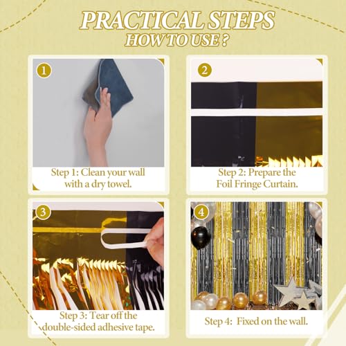 DECOCKRAT 3 Pack Foil Fringe Backdrop - Black&Gold Shiny Tinsel Curtains for Party Decoration/Photo Booth Props - 3.3x8.2 FT Metallic Foil Backdrop for Birthday, Wedding, Graduation, Christmas. - color: Black&Gold
