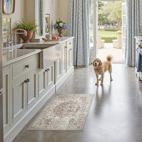 jinchan Area Rug 3x5 Washable Entryway Rug Vintage Kitchen Floor Cover Traditional Thin Taupe Multi Distressed Floral Doormat Indoor Mat for Bathroom Bedroom Living Room - color: Medallion Taupe Multi, size: 3' x 5' (Rectangular)