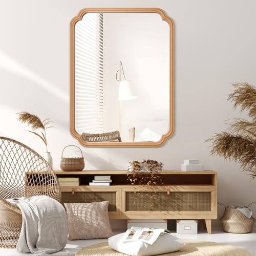 Ferytange Wood Bathroom Mirror for Over Sink, 30" x 40" Modern Rounded Corner Rectangle Wall Mirror for Bathroom Vanity Decorative with Rustic Wooden Framed (Horizontal/Vertical) - color: Natural Wood, size: 40"L x 30"W