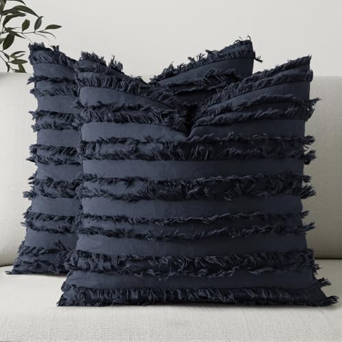 MIULEE Set of 2 Decorative Boho Throw Pillow Covers Linen Striped Jacquard Pattern Cushion Covers for Sofa Couch Living Room Bedroom 16x16 Inch Navy Blue - color: Navy Blue, size: 16" x 16" (Pack of 2)