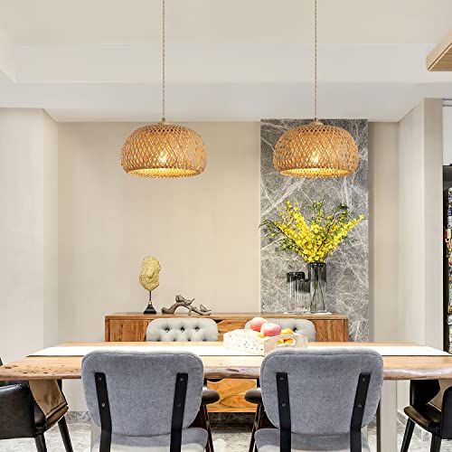 Bamboo Plug in Pendant Light with 14ft Handmade Woven Light Cord, Dimmable Switch, Boho Basket Hanging Lamp for Bedroom Kitchen Island Decor Farmhouse Living Room - color: Natural-4