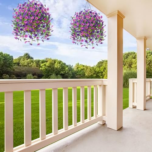 Ammyoo Artificial Fake Hanging Flowers Plants with Basket for Outdoor Spring Decoration, Faux Silk Daisy Flower Real Touch UV Resistant for Outside Porch Patio Garden Yard Home Decor(Purple Lotus) - color: Purple Deep Purple