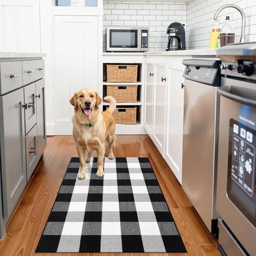 OLANLY Buffalo Plaid Rug 2' x 3' (24" x 36") – Black and White Cotton Checkered Doormat, Washable Indoor Outdoor Rug for Layered Front Porch, Kitchen, Entryway Decor - color: Black White Buffalo Check, size: 2' X 3' (Rectangular)