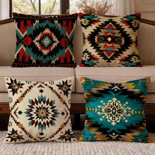 OBSEDE Southwestern Tribal Throw Pillow Covers 18x18 Set of 4, Farmhouse Decor for Home Couch Sofa Living Room, Rustic Floral Decorative Cushion Cases - color: Southwestern Tribal